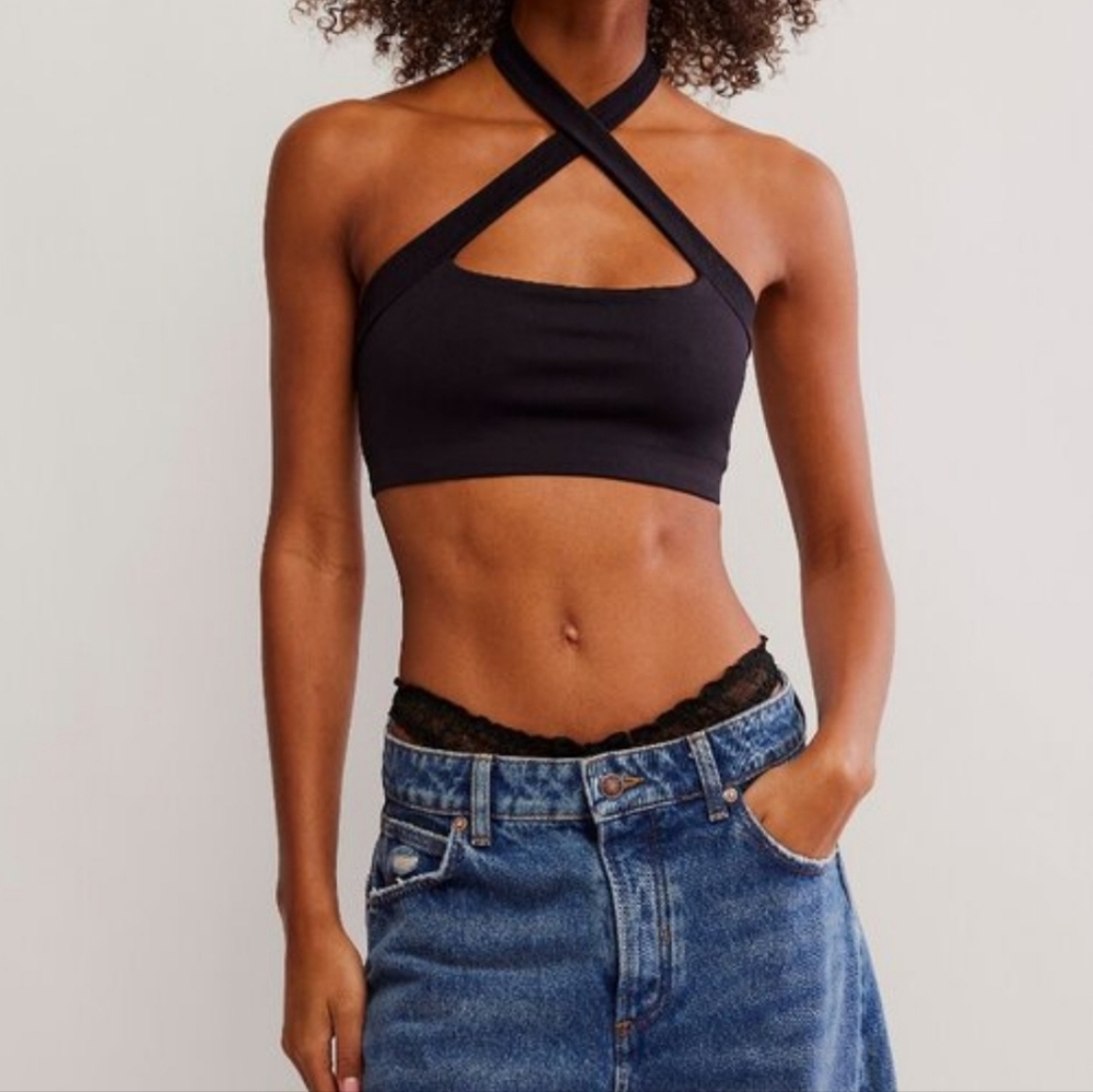 Free People Margot Seamless Halter Bralette in Black, NWT, Xs/S